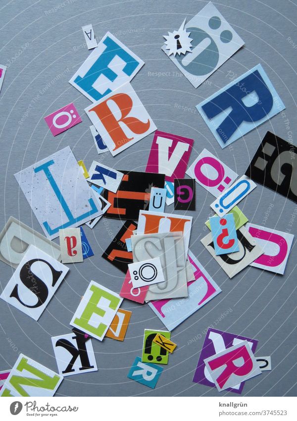 letters Letters (alphabet) Typography Characters Word Text Sign Low-cut Multicoloured Anonymous Collage Magazine Newspaper Print media Symbols and metaphors