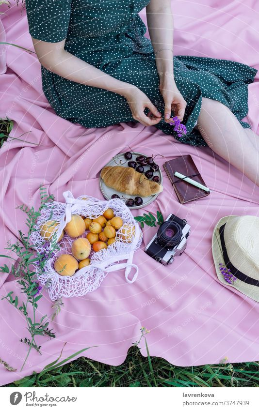 Faceless portrait of female in green dress on a pink blanket on a grass, with fresh fruits, berries and pastry outdoors alone apricots camera cherry croissant
