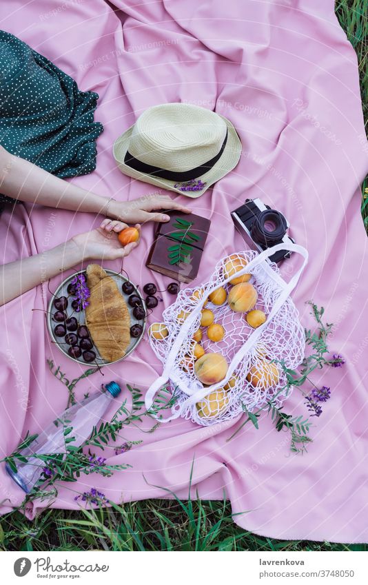 Female hands holding apricot fruit on a pink blanket on a grass, with fresh fruits, berries and pastry outdoors picnic woman faceless female camera film alone