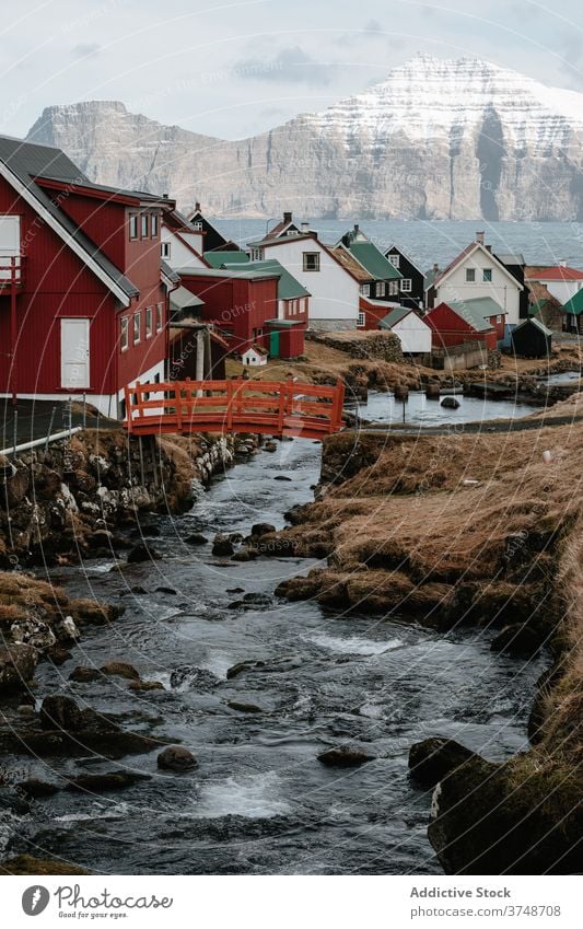 Fast river in village on Faroe Islands settlement fast highland autumn house mountain amazing nature faroe islands landscape countryside serene peaceful calm