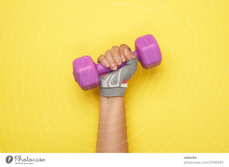 female hand in a pink sports glove holds a purple one kilogram dumbbell - a Royalty  Free Stock Photo from Photocase