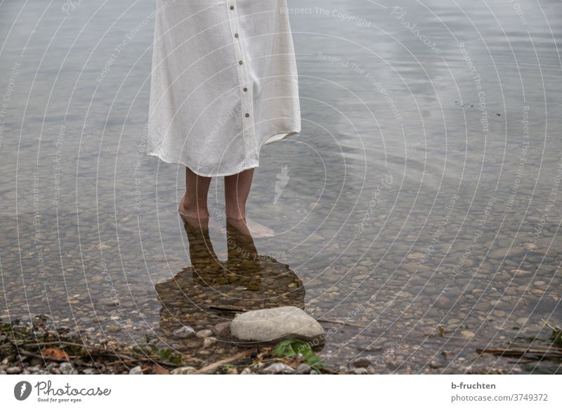 Barefoot in water Water chill Woman Skirt stones Lake Beach bank Going Stand Legs Nature Summer Relaxation Vacation & Travel on one's own