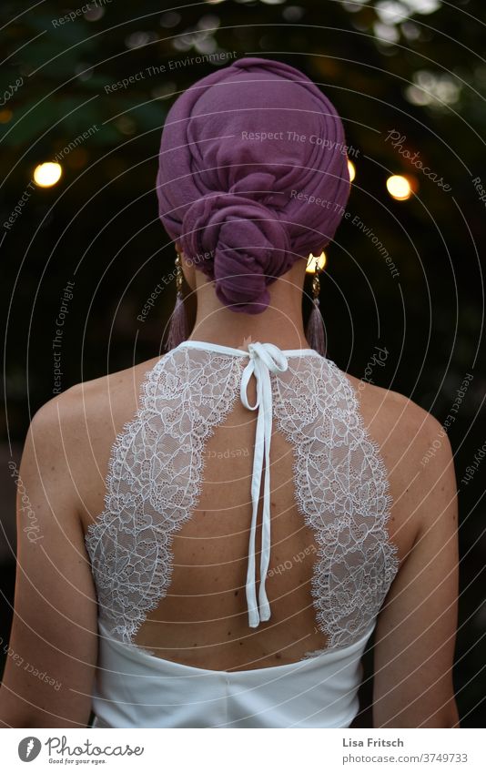 a beautiful back can also delight... Wedding Bride Wedding dress Back Headscarf Evening Feasts & Celebrations Esthetic purple White already Summer back view