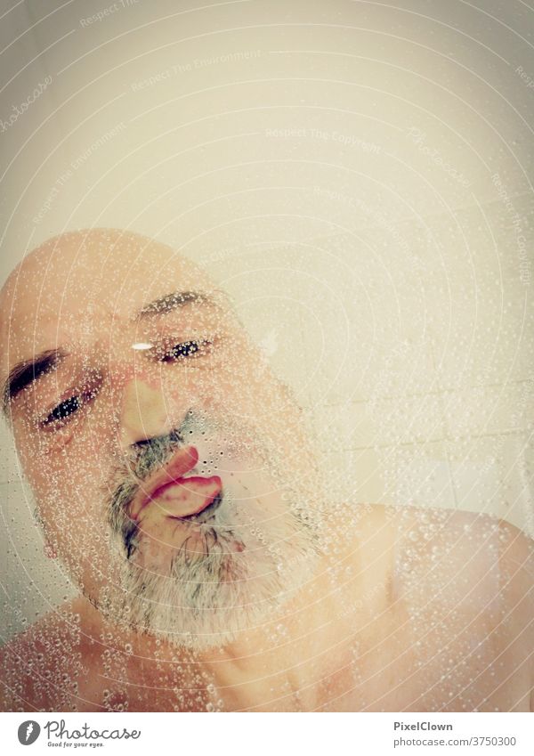 Old man taking a shower Shower (Installation) Take a shower Bathroom Personal hygiene Tile Skin Naked Water Drop Man Facial hair Bald or shaved head