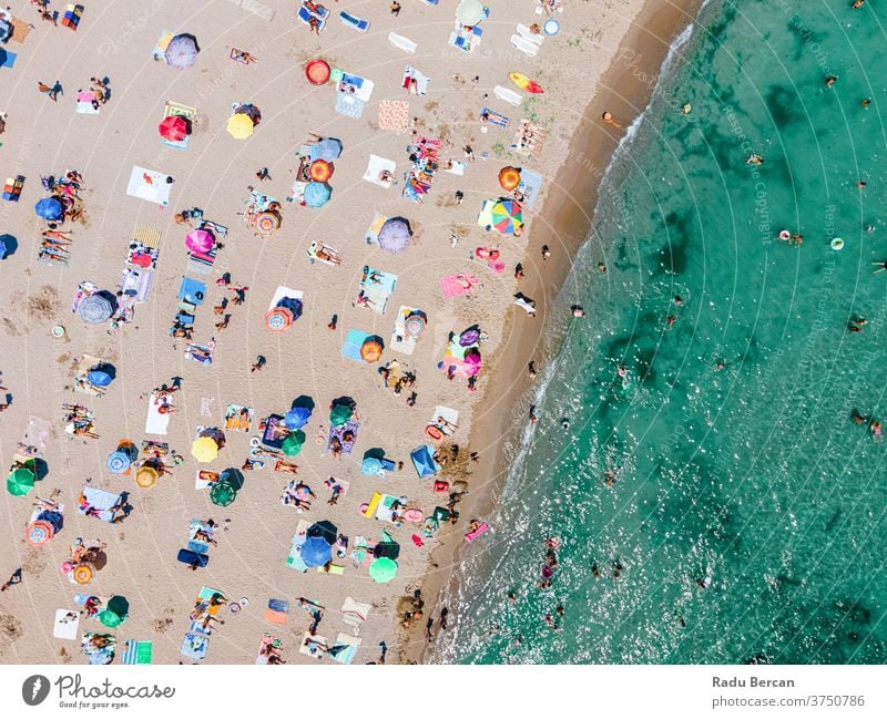 Aerial Beach Photography, People And Colorful Umbrellas On Seaside Beach beach aerial view sand background water sea vacation blue travel people mediterranean