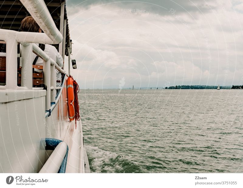 Shipping on Lake Constance shipping voyage Water Body of water Life belt Summer cloudy Weather Clouds Baden-Wuerttemberg Exterior shot Colour photo Nature