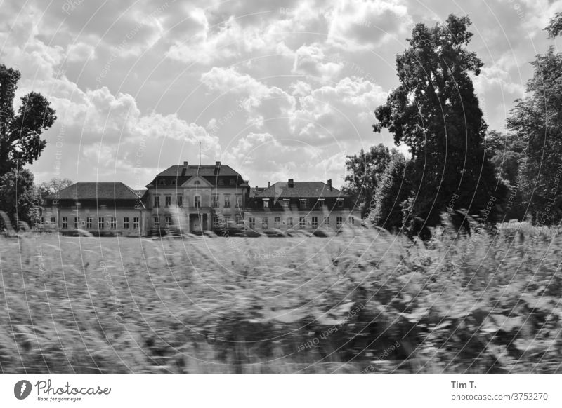 country castle from the car window while driving Black & white photo Architecture Landscape Lock Brandenburg Estate Castle Exterior shot Ruin Day Old Deserted