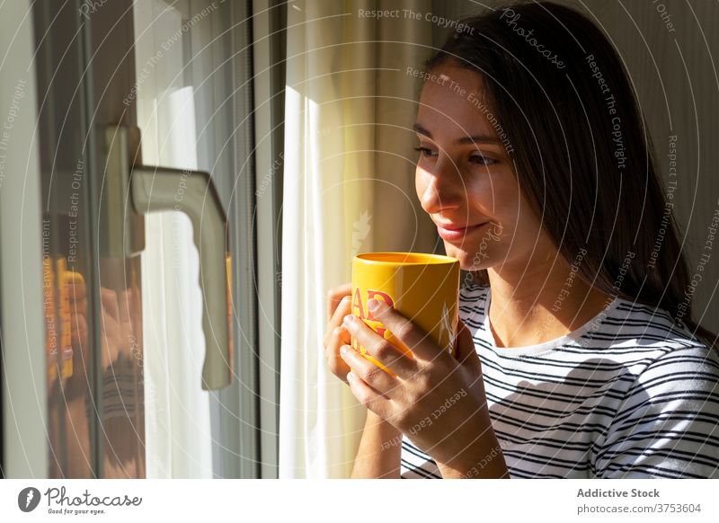 Smiling woman enjoying morning at home drink coffee sunlight hot drink beverage window female cup carefree relax rest weekend young mug lady cozy refreshment