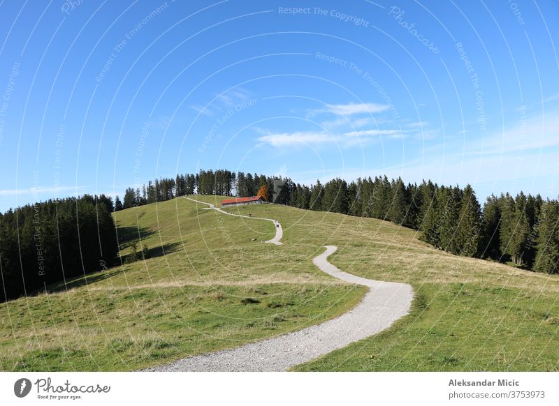 Hiking path on Blomberg Mountain, Bad Tölz, Upper Bavaria, Germany landscape road grass sky nature field meadow green rural tree summer trees forest blue