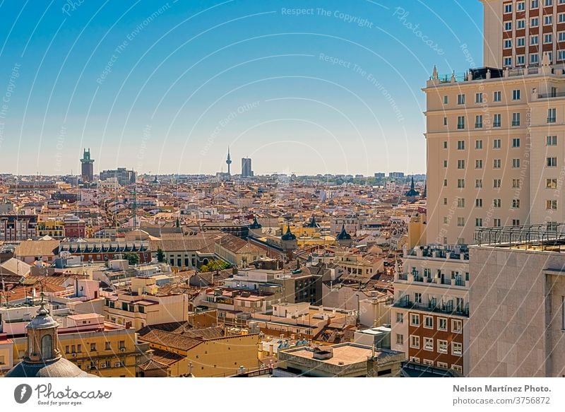 Panoramic view of buildings and European style roofs. Vista de Madrid desde arriba, se ve el centro con la Plaza España. europa travel scene landmark spanish