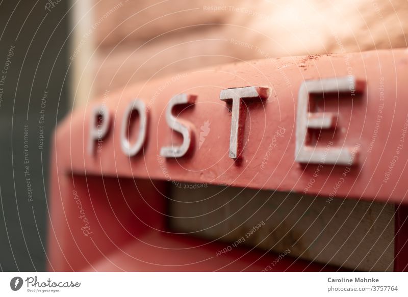 Red mailbox with "Poste" inscription Mail Mailbox Deserted Exterior shot Colour photo Day Communicate Letter (Mail) Write Envelope (Mail) Love letter Card