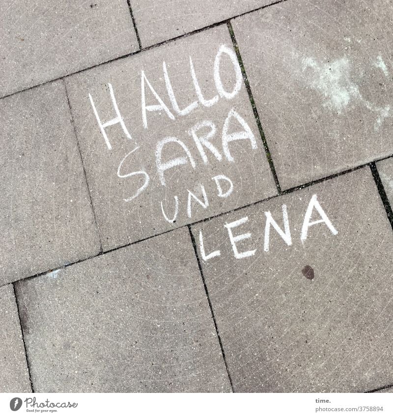 First names | Sara and Lena Name first name Surface Chalk Footpath Street writing Text Letters (alphabet) Hello Paving tiles Concrete Welcome Bird's-eye view
