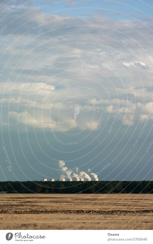 Jänschwalde coal-fired power station Landscape Desert Steppe Horizon steam Smoke Cooling tower Coal power station Sky Clouds Grass Grassland Exterior shot