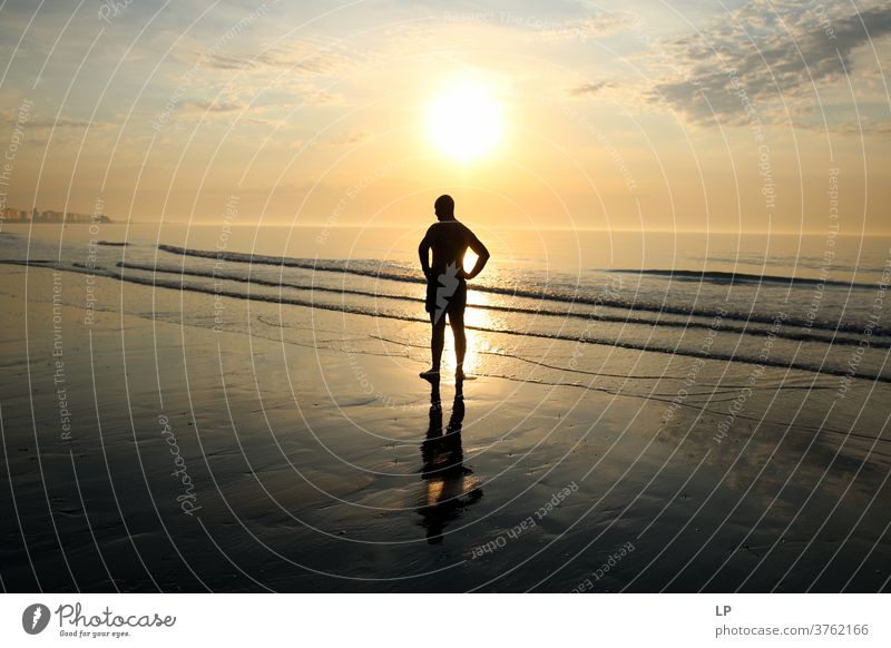 man standing on the seashore against the sun Man leadership guidance Direction Freedom Leisure and hobbies sunset beach sunset sky Sunset Reflection cool dreamy