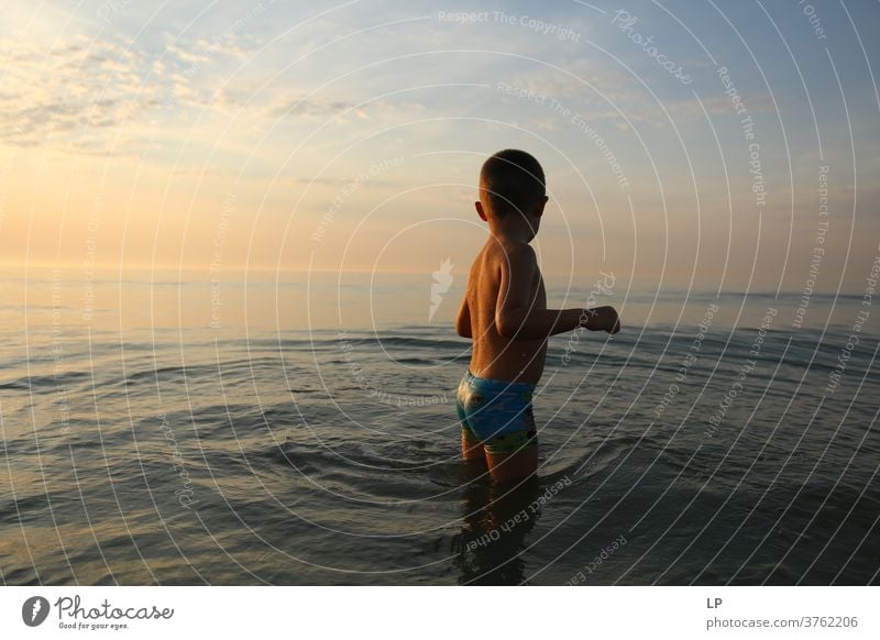 contrast silhouette of a child against sea and sky Contrast Shallow depth of field Silhouette Shadow Light Day Exterior shot Action Body Boy (child) Human being