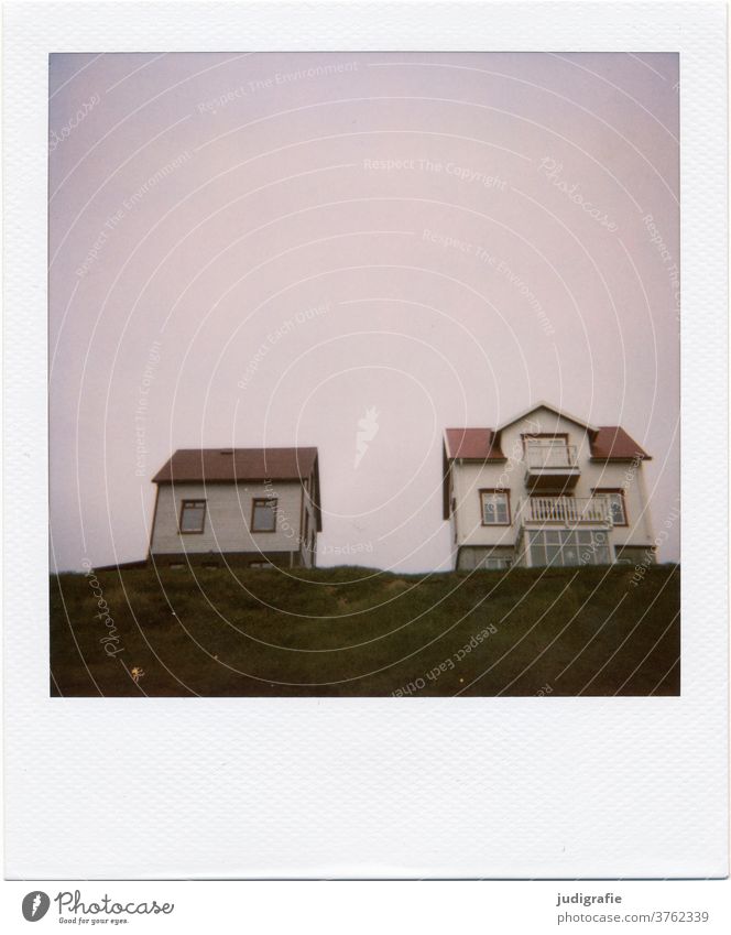 Two Icelandic houses on Polaroid House (Residential Structure) Landscape dwell Loneliness built Exterior shot Deserted Colour photo hut Meadow Roof hillock
