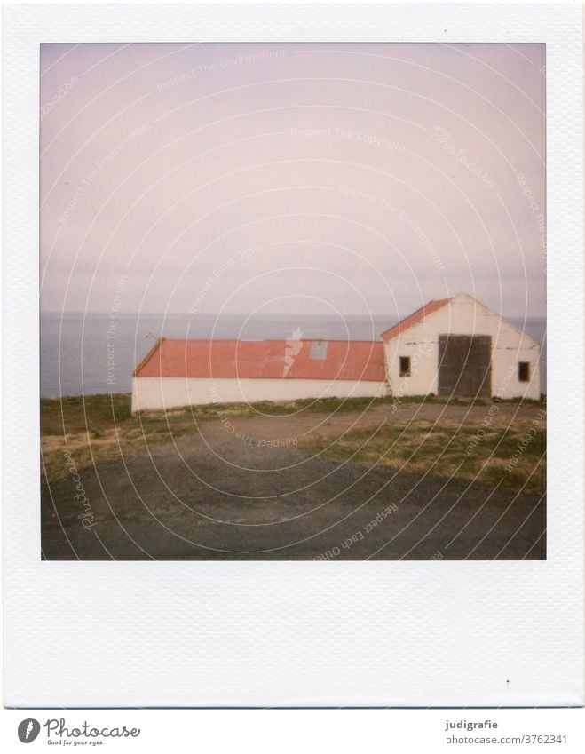 Polaroid of an Icelandic house House (Residential Structure) Landscape dwell Loneliness built Exterior shot Deserted Colour photo hut Meadow Fjord Barn Goal