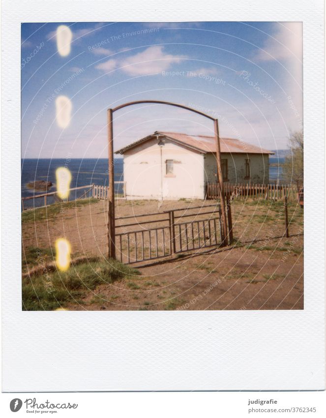 Polaroid of an Icelandic house House (Residential Structure) Landscape dwell Loneliness built Exterior shot Deserted Colour photo hut Meadow Fjord Entrance Goal