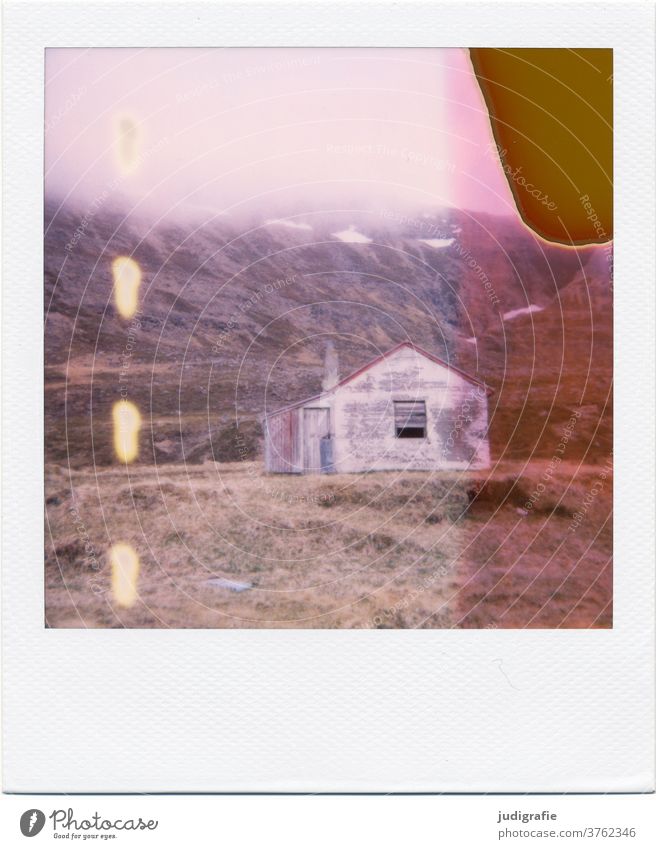 Polaroid of an Icelandic house House (Residential Structure) Landscape dwell Loneliness built Exterior shot Deserted Colour photo hut Meadow forsake sb./sth.