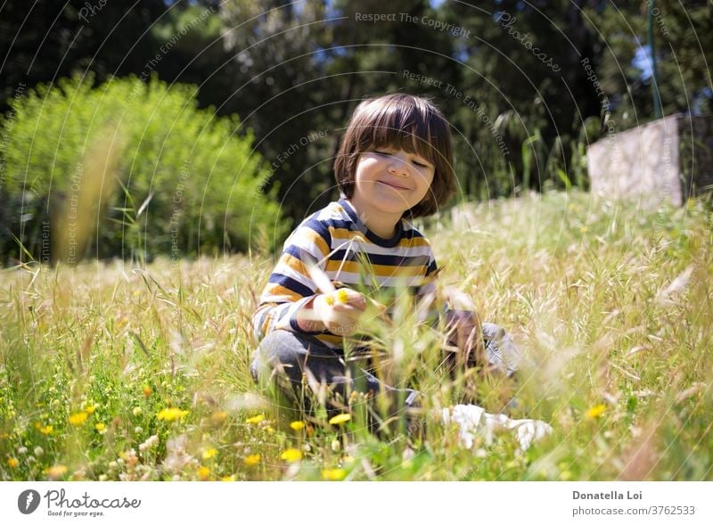 Child sitting on the field boy caucasian child childhood countryside day face flower flowers fun garden grass green happiness happy healthy holding holidays kid