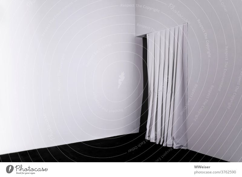 White room with white curtain and darkness behind black-and-white Room Corner Drape Way out Entrance mystery opening door Passage Minimalistic Tension