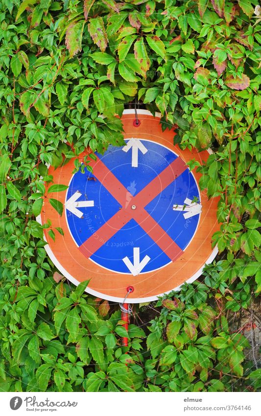 Four arrows in a no stopping sign made by a joker in the midst of green plants indicate that neither left nor right, but also not above and below, may be stopped