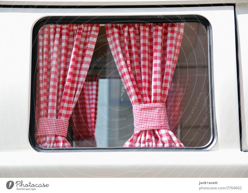Vintage curtain for bus, red and white chequered with ruffle tape Car Window Bus Detail Drape Checkered Retro Gathering Tieback Frame Style Nostalgia Car body