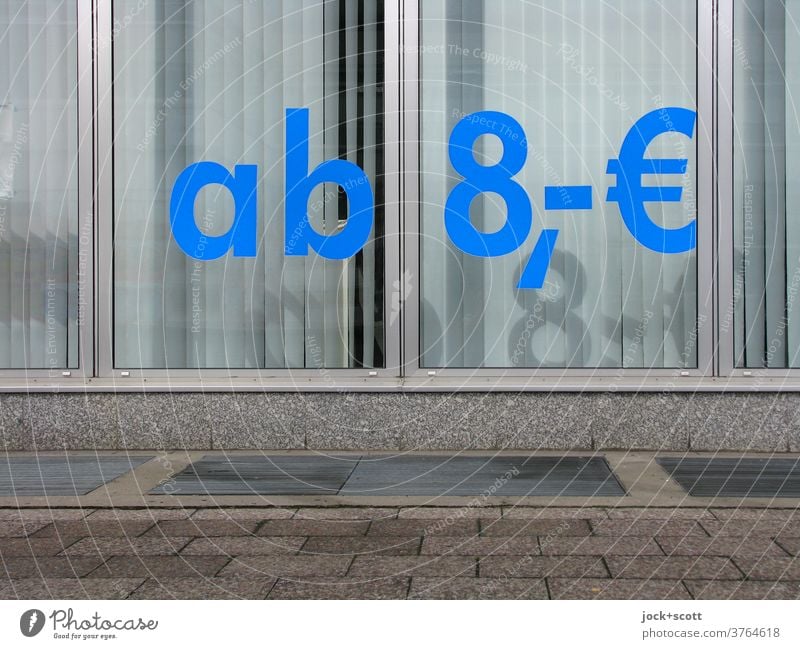 essential for life from 8, € Shop window Signs and labeling Offer Clue Sidewalk Slat blinds Typography Competent Lettering Word Euro Gloomy Blue Eight