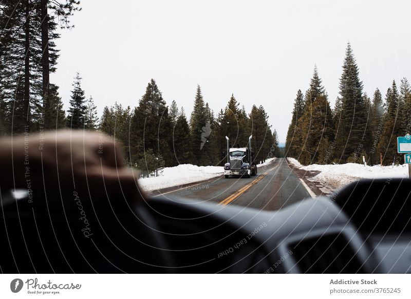 Traveler driving car on country road through winter forest drive auto trip nature travel roadway automobile coniferous usa united states america truck roadside