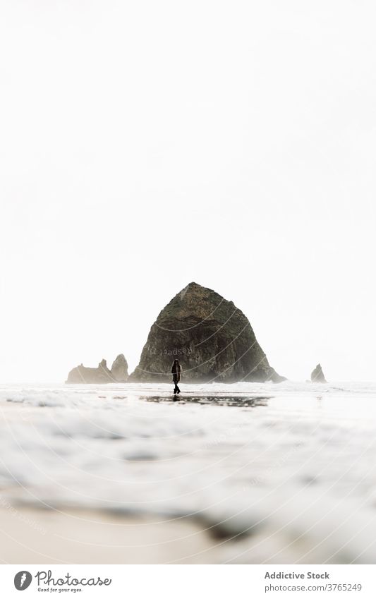 Person at seaside on cloudy day seashore walk seascape gloomy overcast foam nature usa united states america weather sky ocean person calm destination