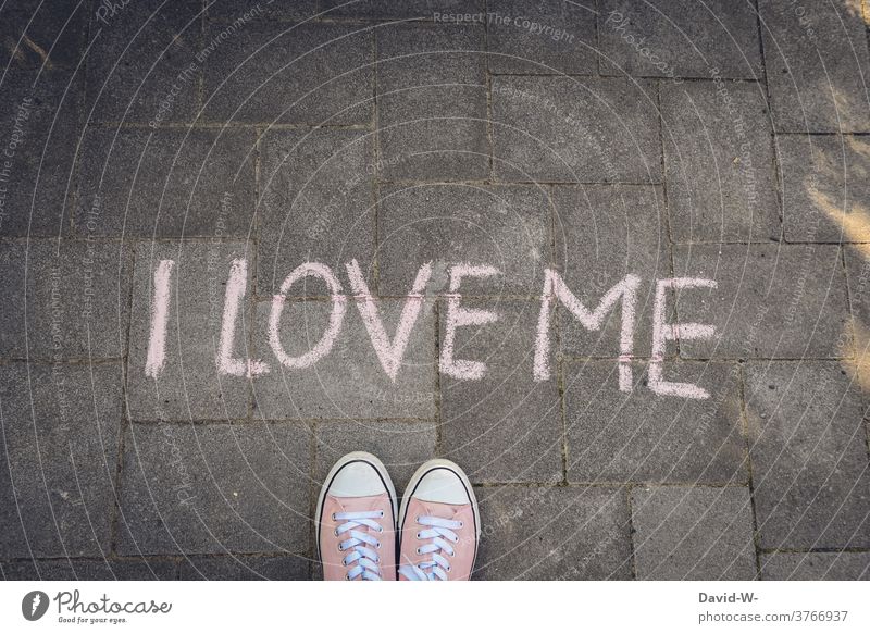 I LOVE ME - to love yourself narcissistic Self-confidence Young woman leap I love me Love Chalk Ground Infatuation Selfishness Psychology self-respect