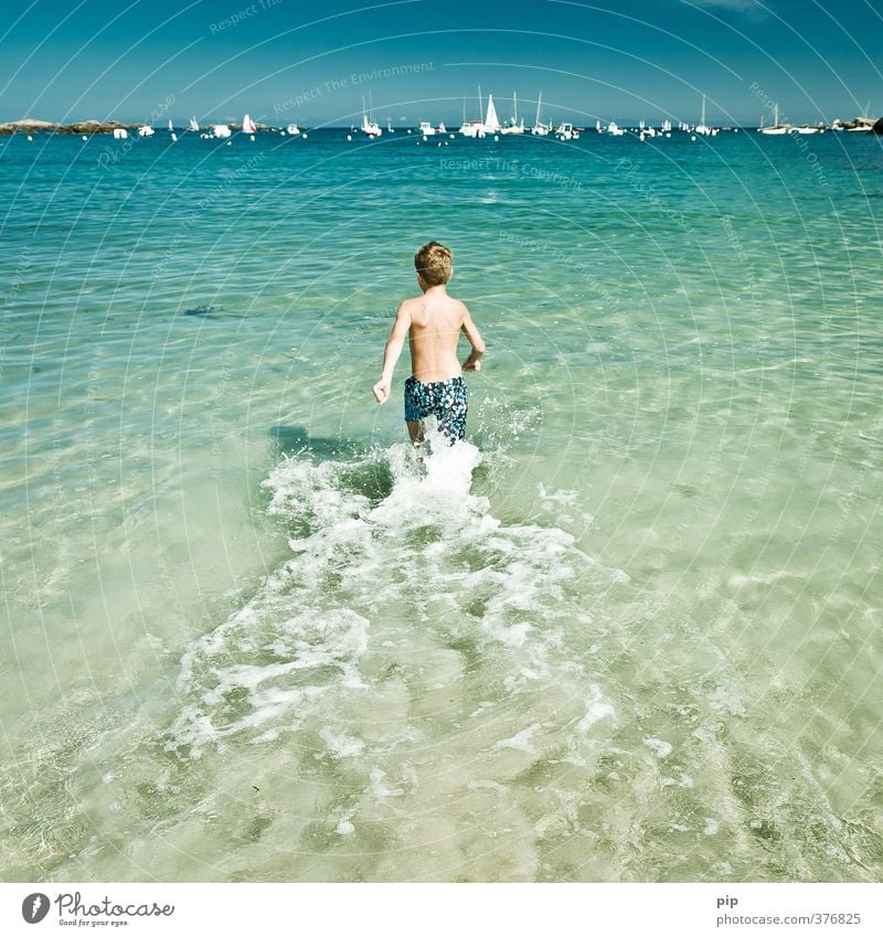 cooling down Human being Boy (child) Infancy Youth (Young adults) Body 1 Nature Water Summer Beautiful weather Warmth Coast Ocean Navigation Sailboat Harbour