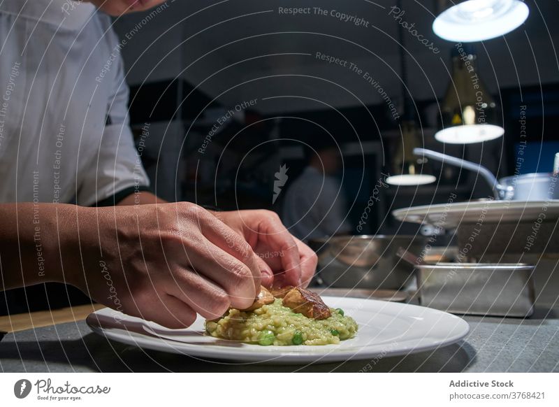 Chef garnishing risotto in restaurant kitchen chef cook serve gourmet sophisticated portion meat delicious contemporary prepare food cuisine meal work