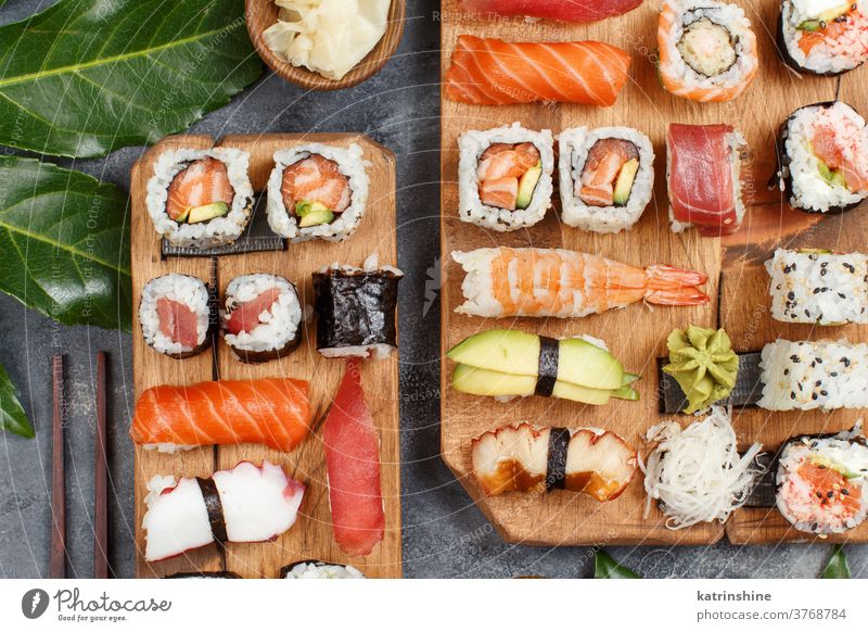 Assortment of Sushi Roll Set on a Black Tray. Japanese Food Stock