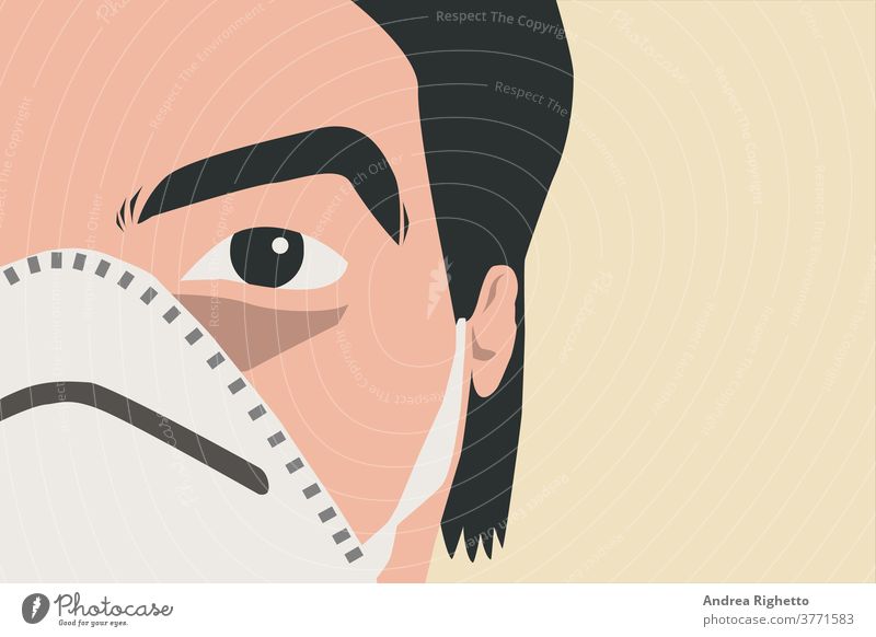 Half portrait of a young caucasian adult doctor wearing a white mask. Copy space on the right. Man looking at the camera. Concept of virus prevention, new pandemic risk. Vector illustration. Isolated