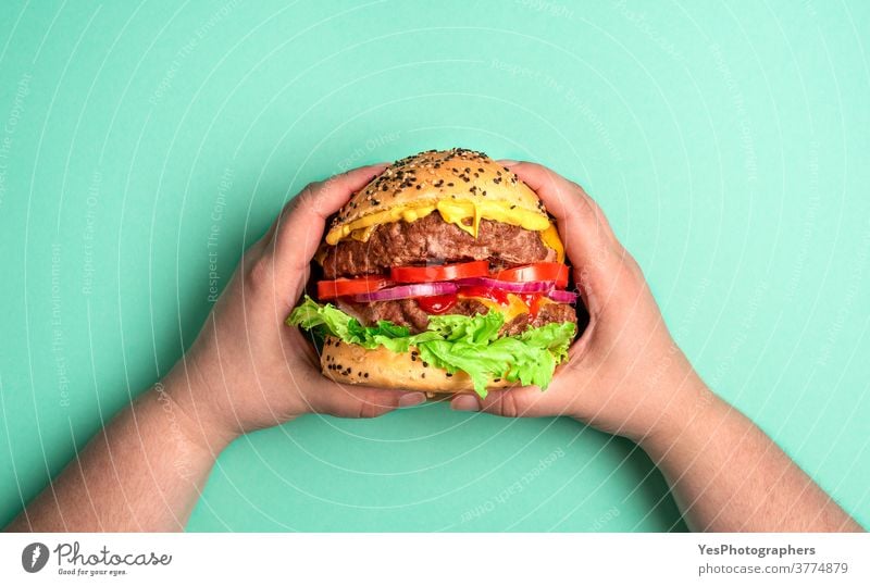 Burger held with both hands. Hamburger on a green background. above view barbeque bbq beef big bread bun cheddar cheese cheeseburger comfort food copy space