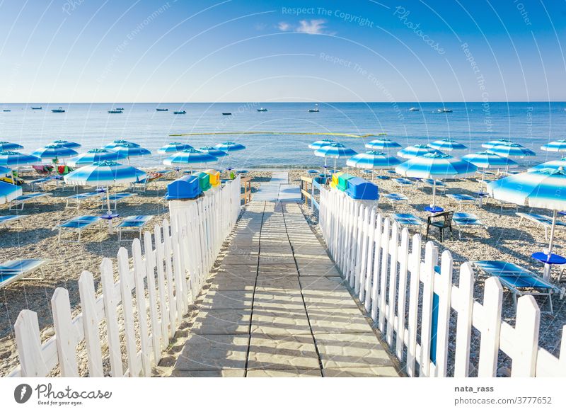 Path to beach with umbrellas and chaise-lounges in Calabria recycling bin travel seascape horizon sunshade shore sunny sunlight idyllic nobody blue tourism