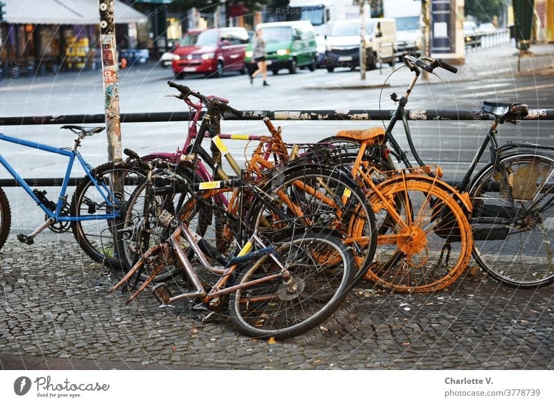 bicycle pile bicycles Bicycle Exterior shot Street Transport City Parking Means of transport Town Mobility Day Road traffic Traffic infrastructure Colour photo