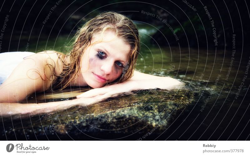water nymph Feminine Young woman Youth (Young adults) Head 1 Human being 13 - 18 years Child Nature Water Bog Marsh Pond Lake Brook River Blonde Lie Looking