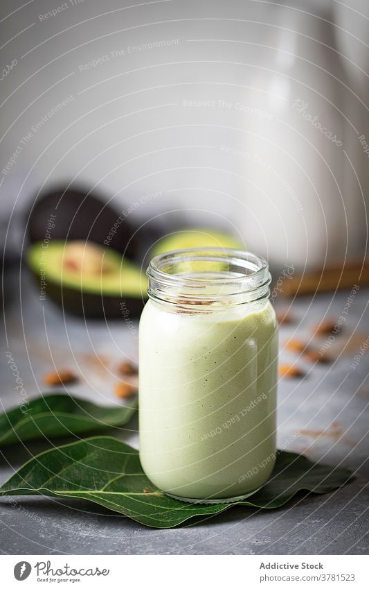 Tasty yogurt in jar on table in kitchen homemade natural organic dairy sweet delicious glass fresh healthy food diet green leaf nutrition tasty gourmet vitamin