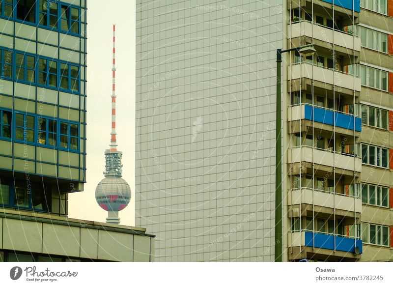 Berlin television tower between two prefabricated buildings Television tower Building Berlin TV Tower Alexanderplatz Landmark Architecture Tourist Attraction