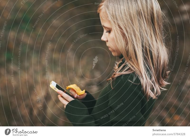 Blonde teenage girl stands with the phone and writes a message in the park outdoors. young smart child boredom blonde use beautiful autumn attractive lifestyle