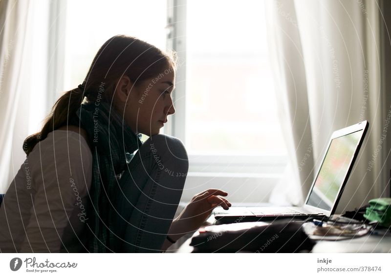 Girl at laptop with backlight Lifestyle Style Leisure and hobbies Computer games Living or residing Flat (apartment) Desk Room Office Education School Study