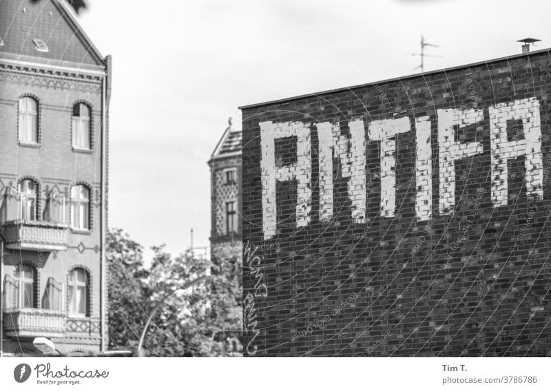 Graffiti Berlin Antifa Wedding b/w antifa Black & white photo B&W B/W Calm Loneliness Architecture Window Town Old town