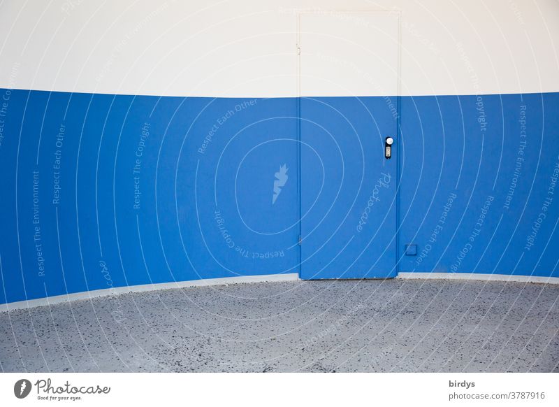 Inconspicuous door in vaulted wall painted with the same wall colours Wall (building) convex Round inconspicuous Colour segments Exceptional Blue White Gray