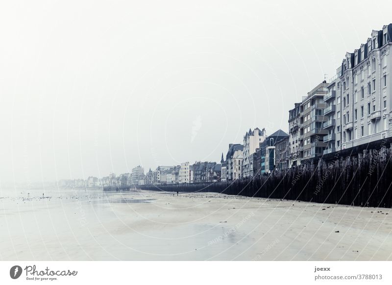 House facades disappearing in the fog on the beach at low tide Beach houses Saint Malo coast Brittany France Fog Sky Low tide Ocean Exterior shot Clouds Gray