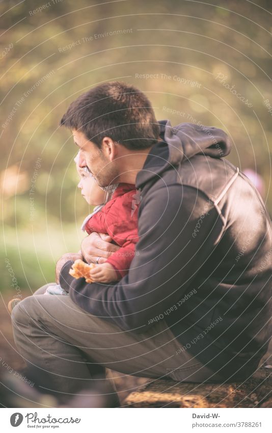 Father holds his son in his arms and shows him the world Child dad Love Attachment Together proximity Safety (feeling of) Family Son people Happy Autumn Nature
