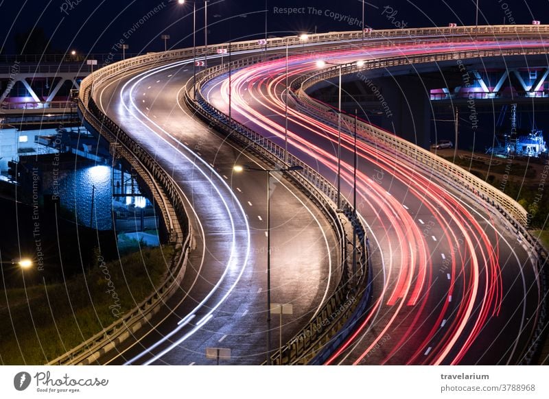 Road car light streaks. Night light painting stripes. Long exposure photography. road interchange night bridge way path speed long line trail motion background