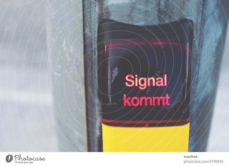 Signal coming Letters (alphabet) Word Crossroads yellow box signal mast Road traffic Traffic infrastructure Urban transport Town Wait red traffic light