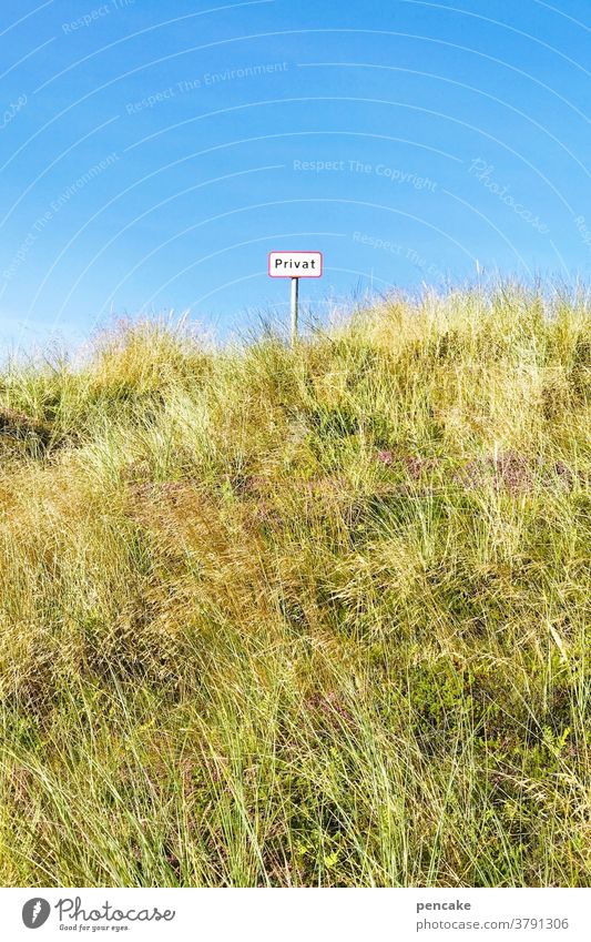 privatsphäre | lebensnotwenig Düne Hügel Schild Privatspähre Abstand Stop Durchgangsverbot Grundstück Nordsee Dünengras Himmel blau Natur Landschaft Sommer Sand